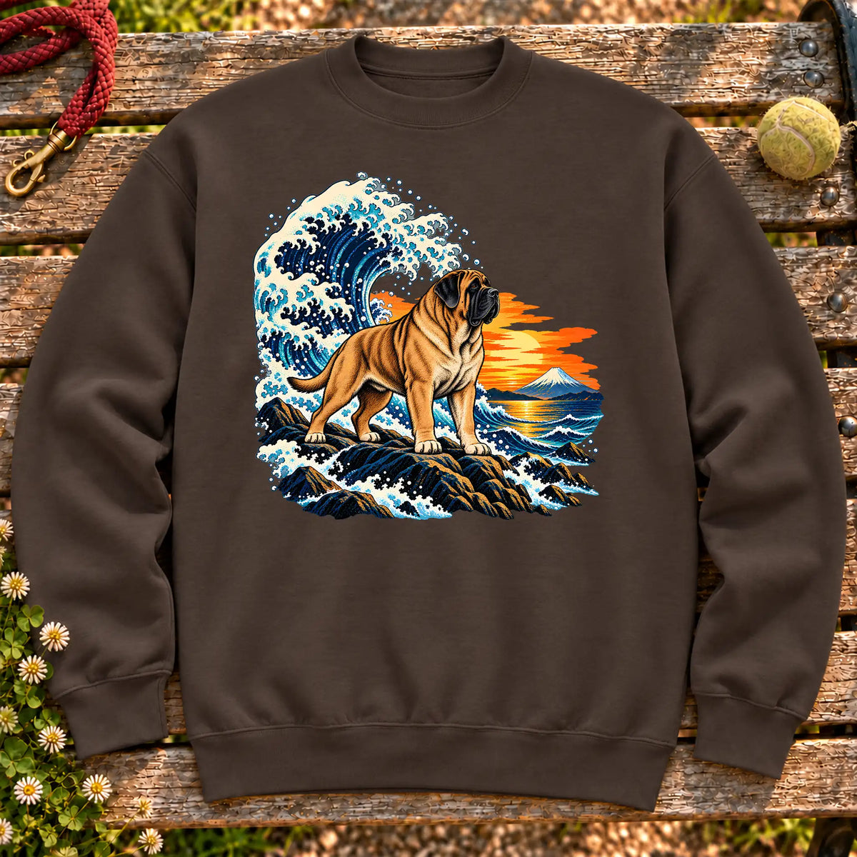 Mastiff dog with ocean waves, sunset and Mount Fuji on a Dark Chocolate Gildan crewneck sweatshirt