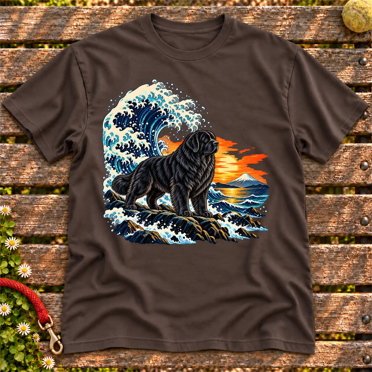 Newfie dog with ocean waves, sunset and Mount Fuji on a Dark Chocolate Gildan T-shirt