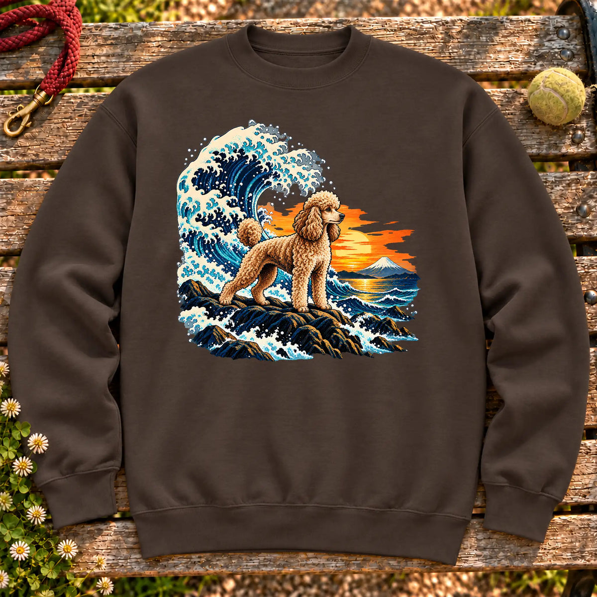 Poodle dog with ocean waves, sunset and Mount Fuji on a Dark Chocolate Gildan crewneck sweatshirt