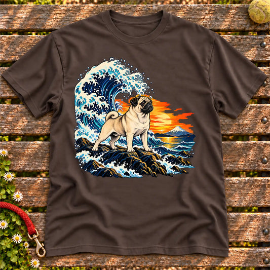 Pug dog with ocean waves, sunset and Mount Fuji on a Dark Chocolate Gildan T-shirt