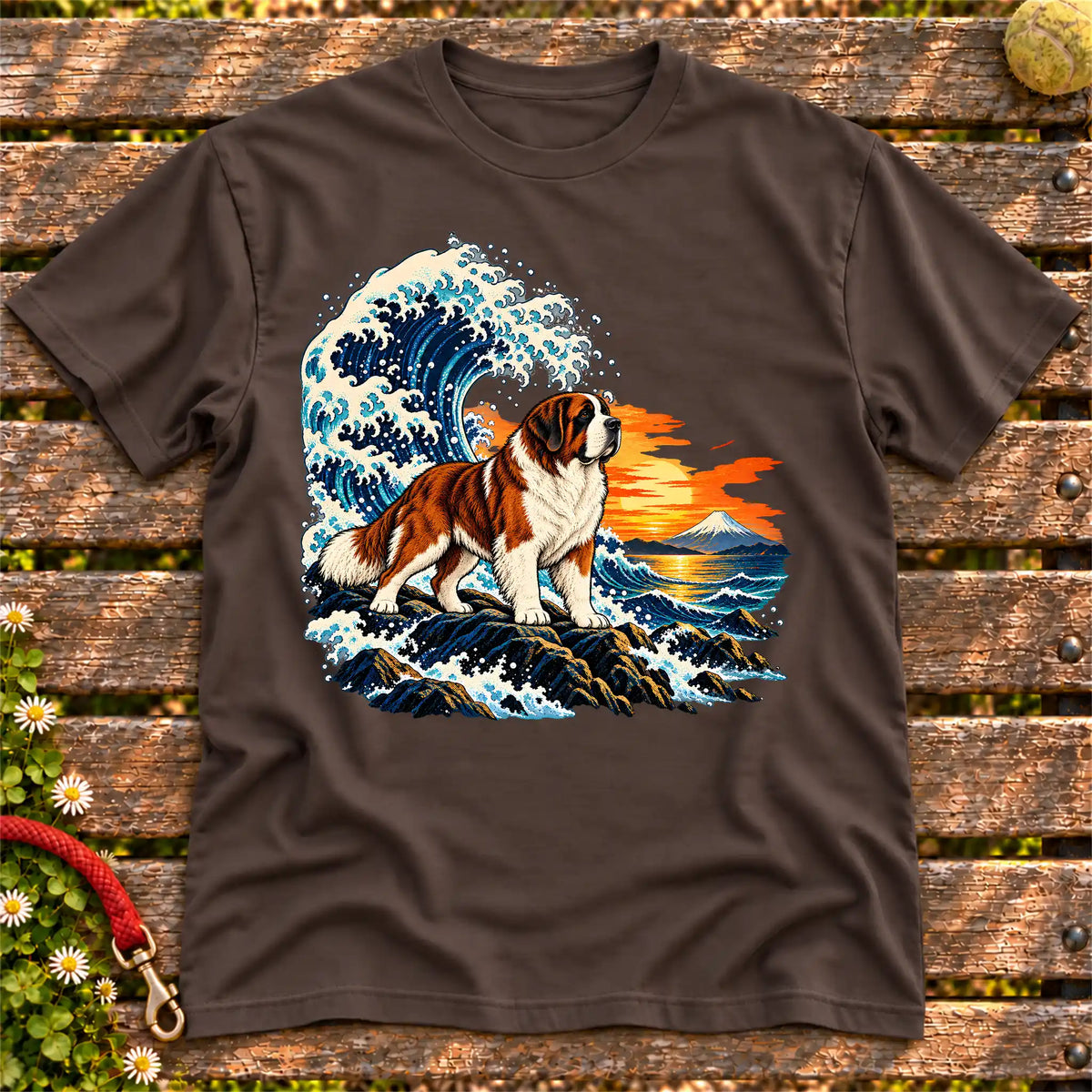 Saint Bernard dog with ocean waves, sunset and Mount Fuji on a Dark Chocolate Gildan T-shirt