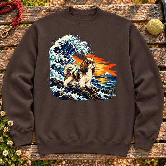 Shih Tzu dog with ocean waves, sunset and Mount Fuji on a Dark Chocolate Gildan crewneck sweatshirt