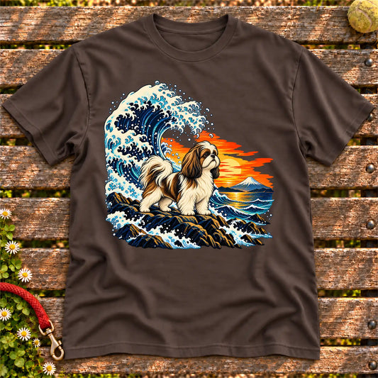 Shih Tzu dog with ocean waves, sunset and Mount Fuji on a Dark Chocolate Gildan T-shirt