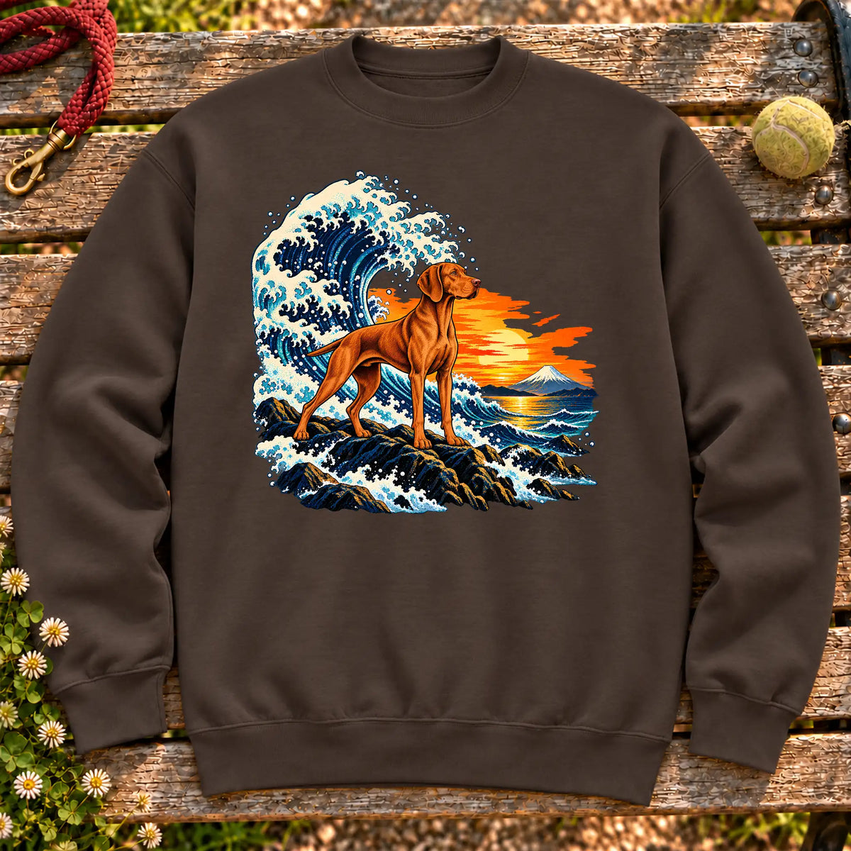 Vizsla dog with ocean waves, sunset and Mount Fuji on a Dark Chocolate Gildan crewneck sweatshirt