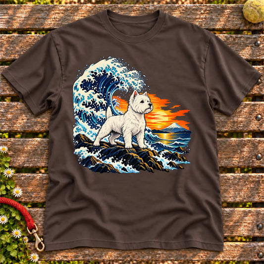 Westie dog with ocean waves, sunset and Mount Fuji on a Dark Chocolate Gildan T-shirt