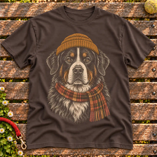 Dark Chocolate T-shirt with vintage Bernese Mountain Dog beanie-and-scarf portrait