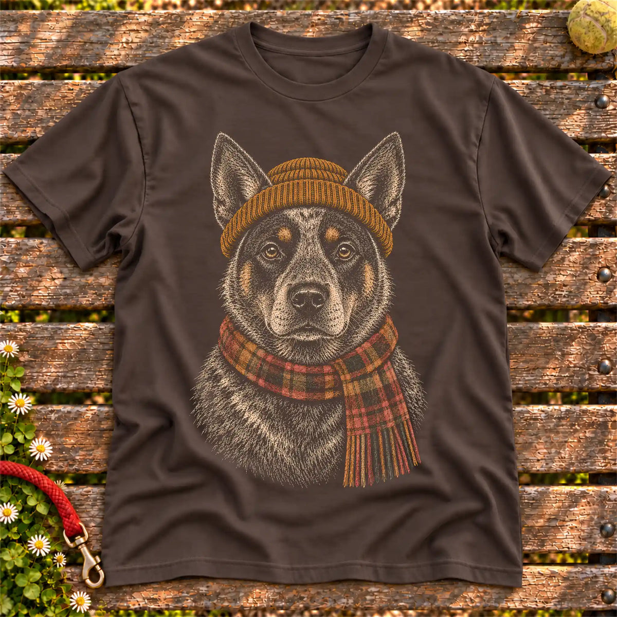 Dark Chocolate T-shirt with vintage Blue Heeler beanie-and-scarf portrait