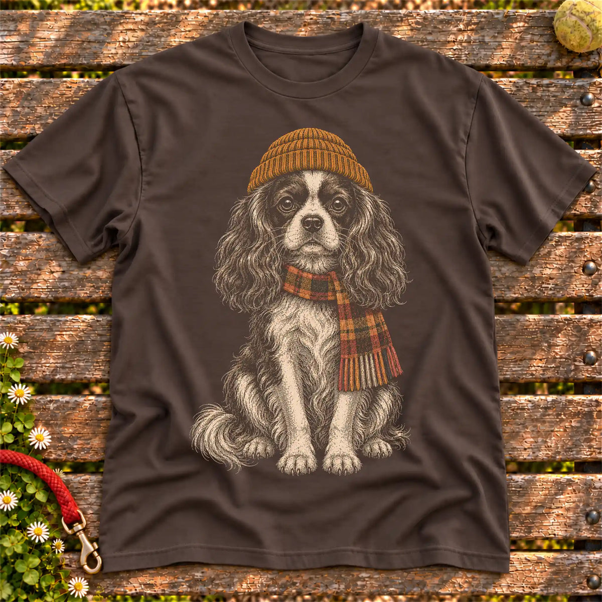 Dark Chocolate T-shirt with vintage Cavalier beanie-and-scarf portrait