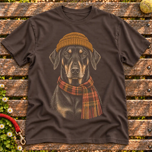 Dark Chocolate T-shirt with vintage Doberman beanie-and-scarf portrait