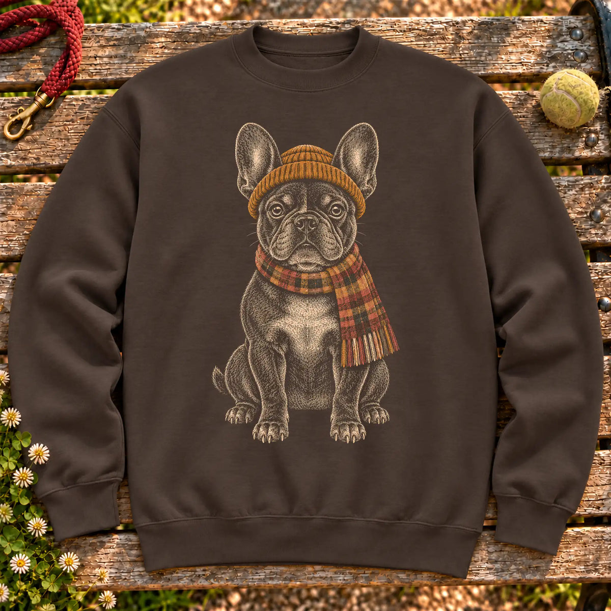 Dark Chocolate sweatshirt with vintage French Bulldog beanie-and-scarf portrait