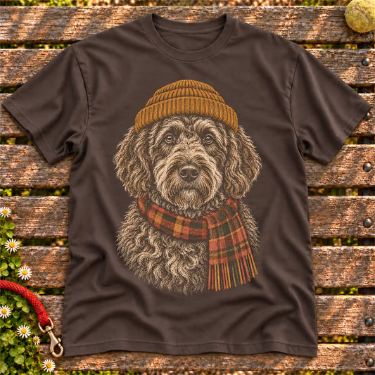 Dark Chocolate T-shirt with vintage Labradoodle beanie-and-scarf portrait
