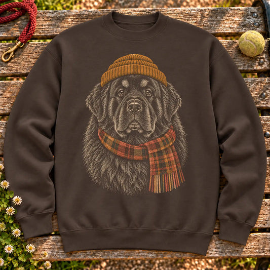 Dark Chocolate sweatshirt with vintage Newfie beanie-and-scarf portrait