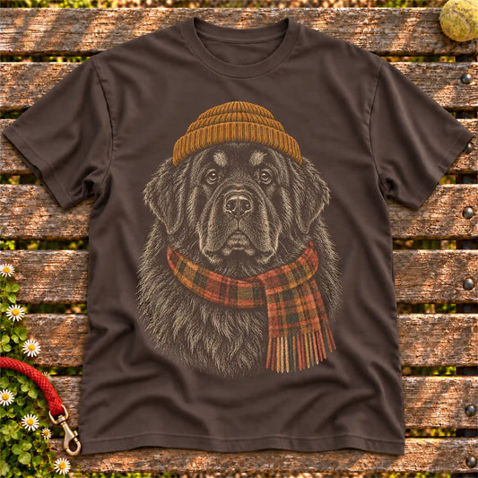 Dark Chocolate T-shirt with vintage Newfie beanie-and-scarf portrait