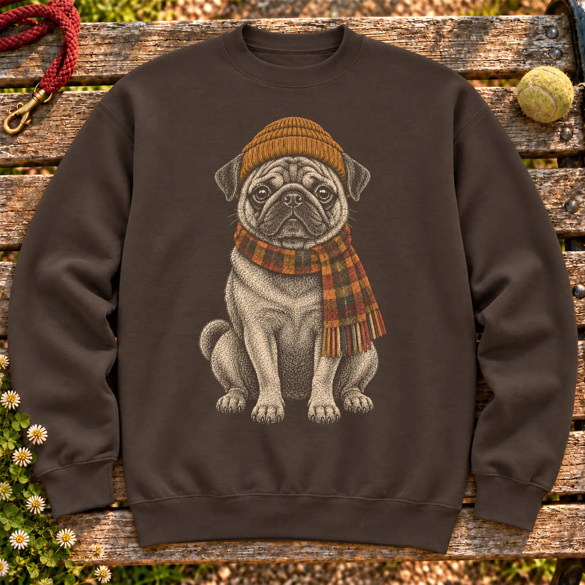 Dark Chocolate sweatshirt with vintage Pug beanie-and-scarf portrait