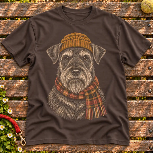 Dark Chocolate T-shirt with vintage Schnauzer beanie-and-scarf portrait