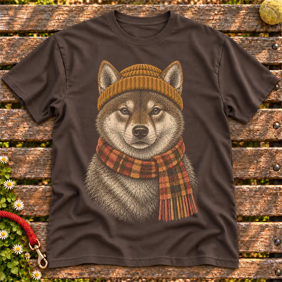 Dark Chocolate T-shirt with vintage Shiba Inu beanie-and-scarf portrait