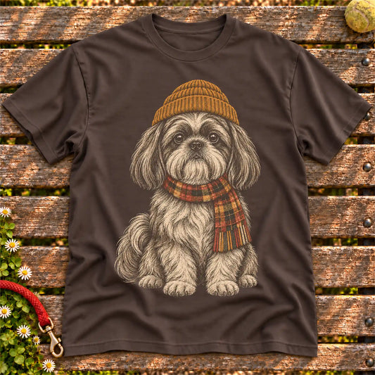 Dark Chocolate T-shirt with vintage Shih Tzu beanie-and-scarf portrait