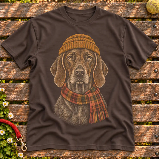 Dark Chocolate T-shirt with vintage Vizsla beanie-and-scarf portrait
