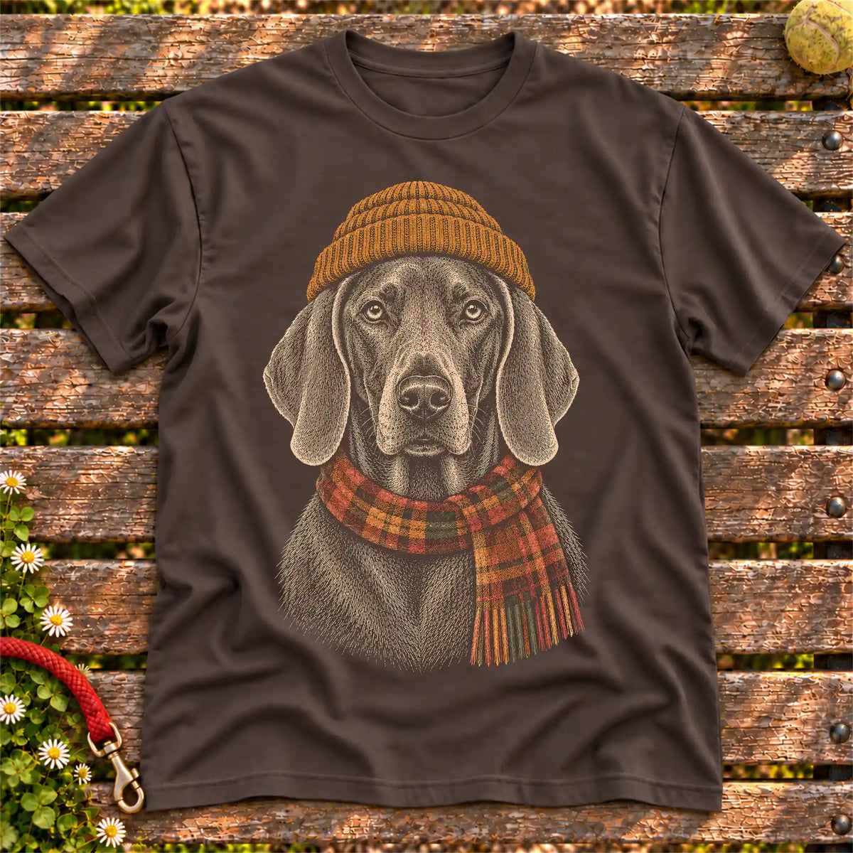 Dark Chocolate T-shirt with vintage Weimaraner beanie-and-scarf portrait