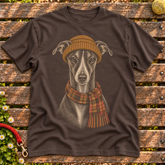 Dark Chocolate T-shirt with vintage Whippet beanie-and-scarf portrait