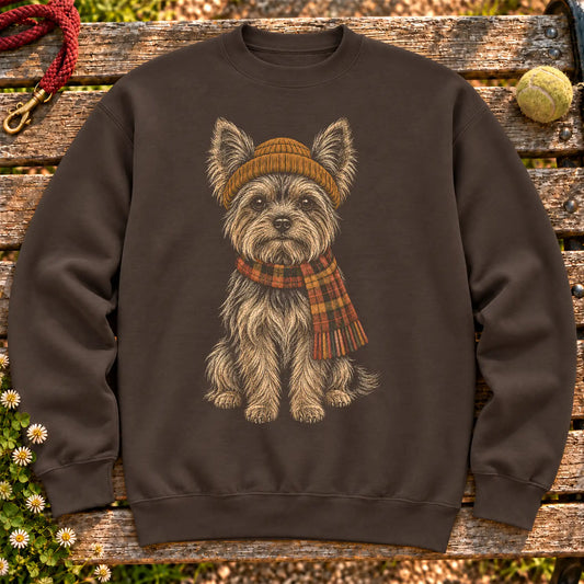Dark Chocolate sweatshirt with vintage Yorkie beanie-and-scarf portrait