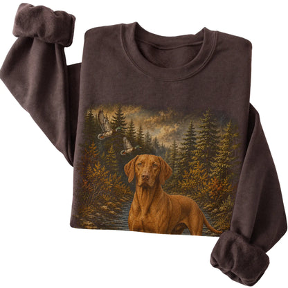 Vizsla Duck Hunting Sweatshirt in Dark Chocolate