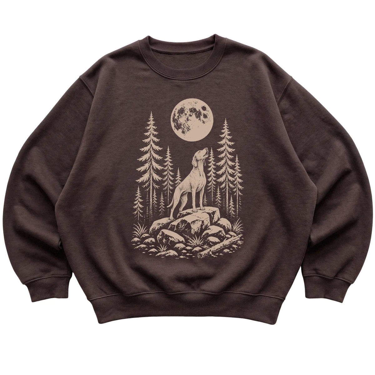 Close view of Vizsla Howling at the Moon artwork on Dark Chocolate crewneck sweatshirt