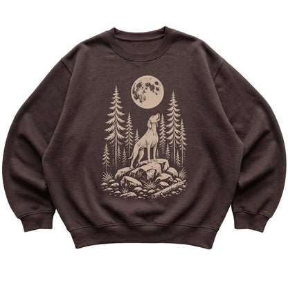 Close view of Vizsla Howling at the Moon artwork on Dark Chocolate crewneck sweatshirt