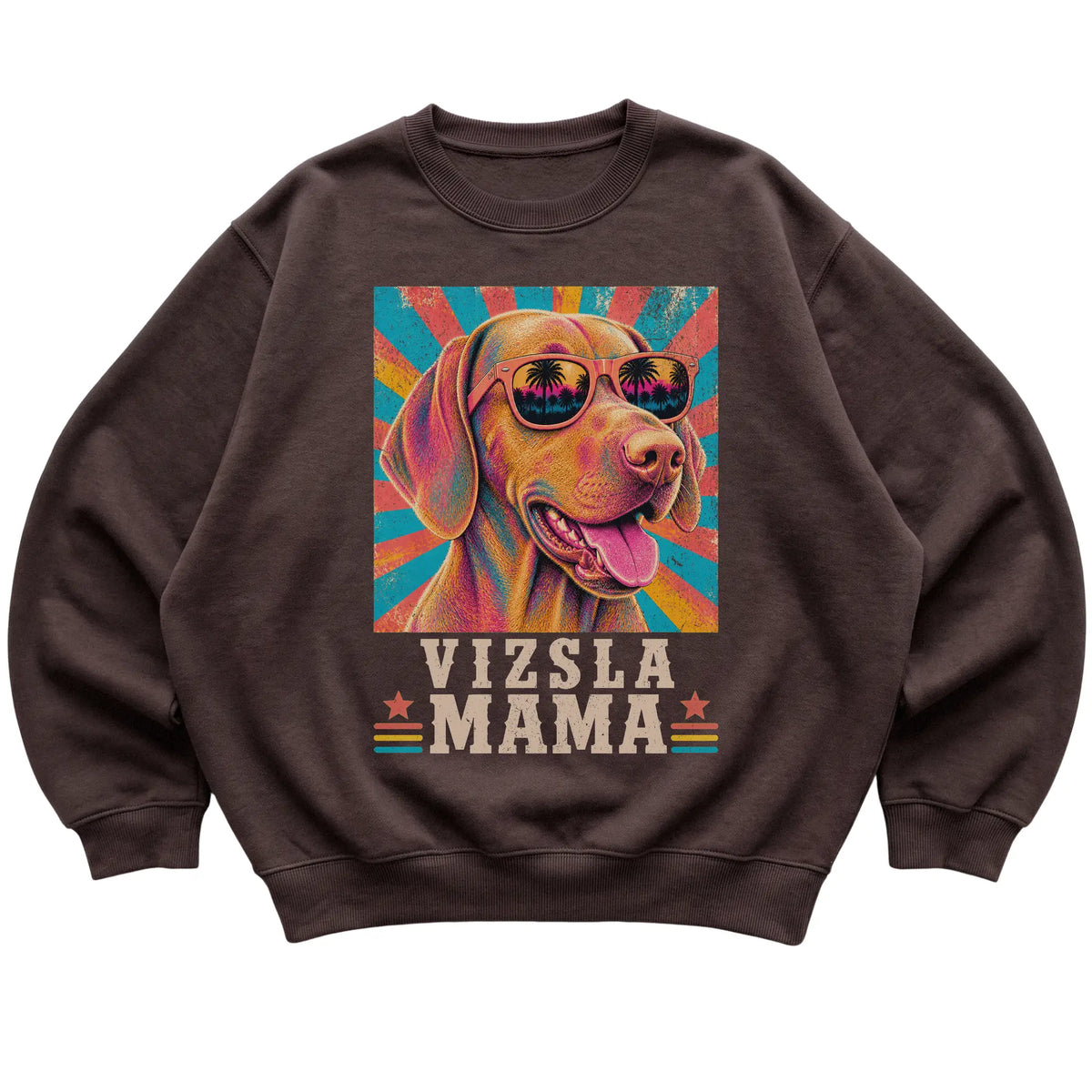 Retro Vizsla Mama design on a Dark Chocolate crewneck sweatshirt