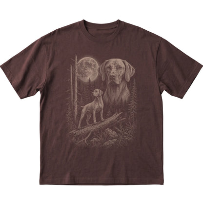 Vizsla Moonlit Forest graphic on a dark chocolate Softstyle T-shirt laid flat