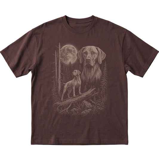 Vizsla Moonlit Forest graphic on a dark chocolate Softstyle T-shirt laid flat