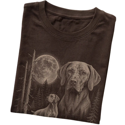 Folded dark chocolate Softstyle T-shirt showing the Vizsla Moonlit Forest graphic