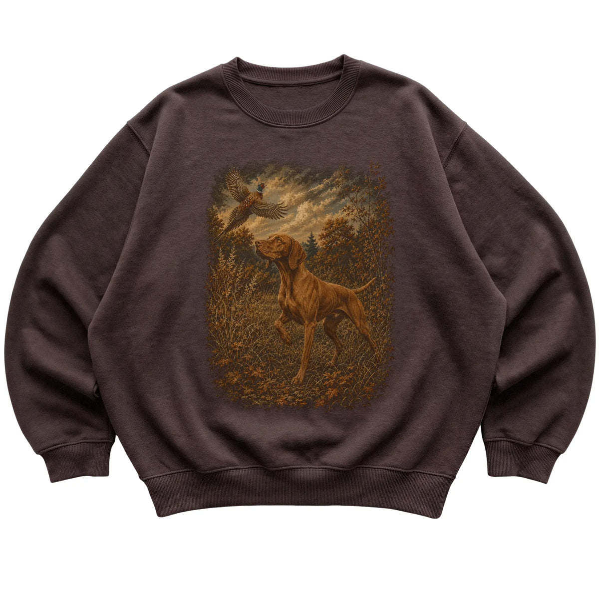 Vizsla Pheasant Hunting Sweatshirt in Dark Chocolate