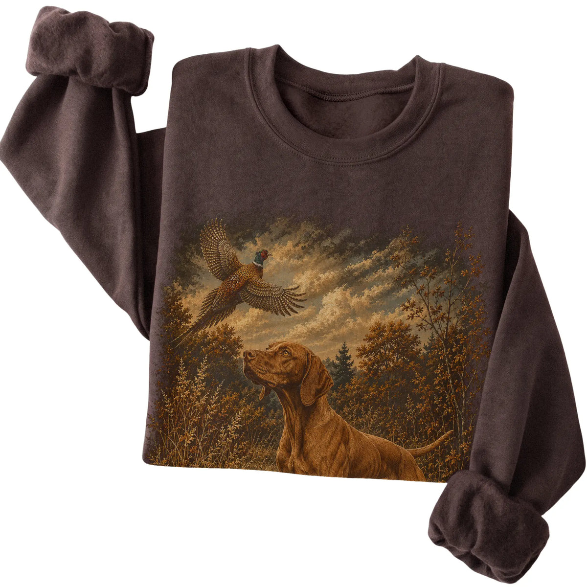 Vizsla Pheasant Hunting Sweatshirt in Dark Chocolate