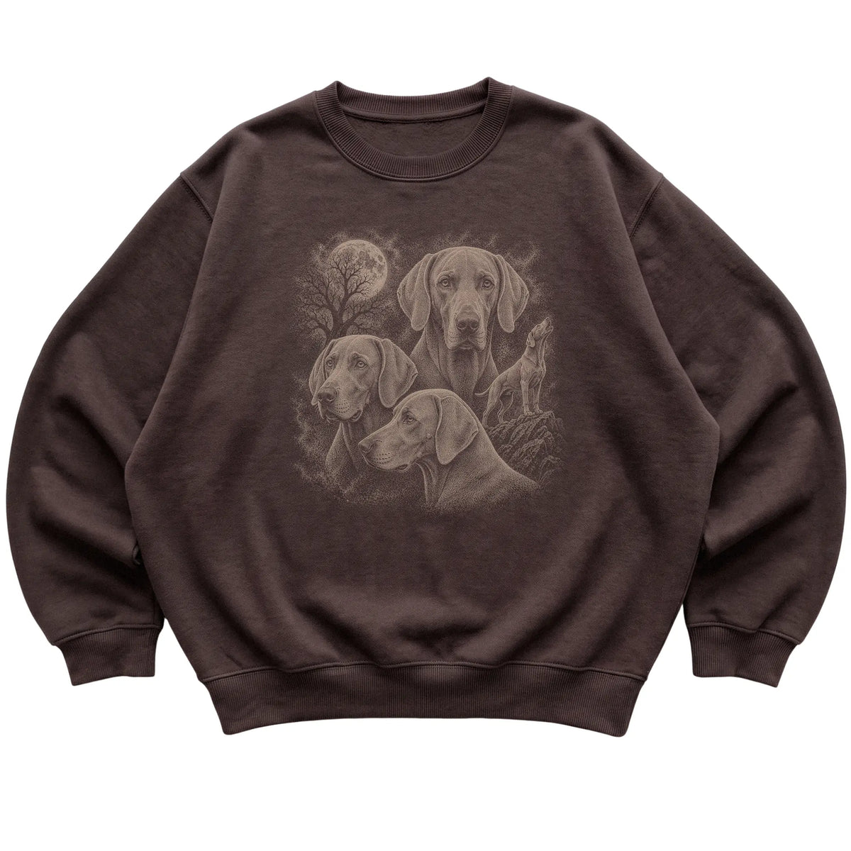 Weimaraner 90s Moon Sweatshirt in Dark Chocolate — flat lay