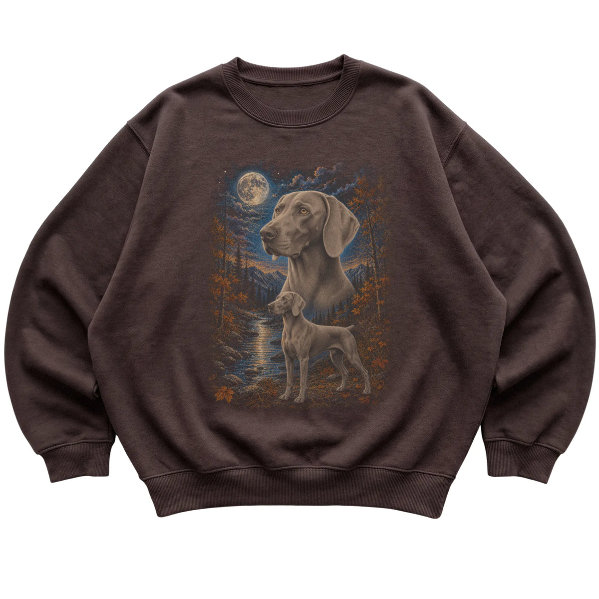 dark chocolate sweatshirt with Weimaraner Autumn Moon artwork.