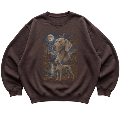 dark chocolate sweatshirt with Weimaraner Autumn Moon artwork.