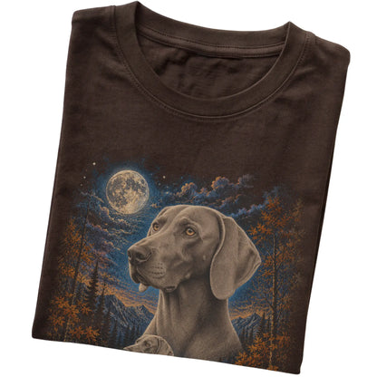 Folded dark chocolate T-shirt with Weimaraner Autumn Moon artwork.