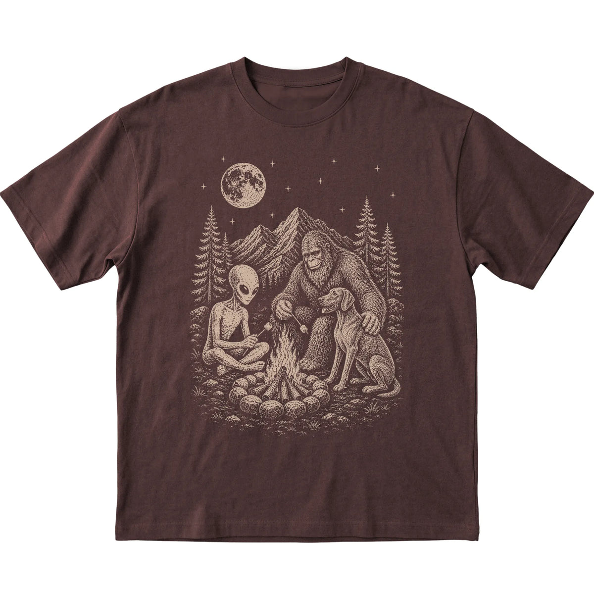 Dark Chocolate Weimaraner Camping with Bigfoot and Alien shirt laid flat