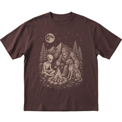 Dark Chocolate Weimaraner Camping with Bigfoot and Alien shirt laid flat