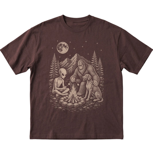 Dark Chocolate Weimaraner Camping with Bigfoot and Alien shirt laid flat