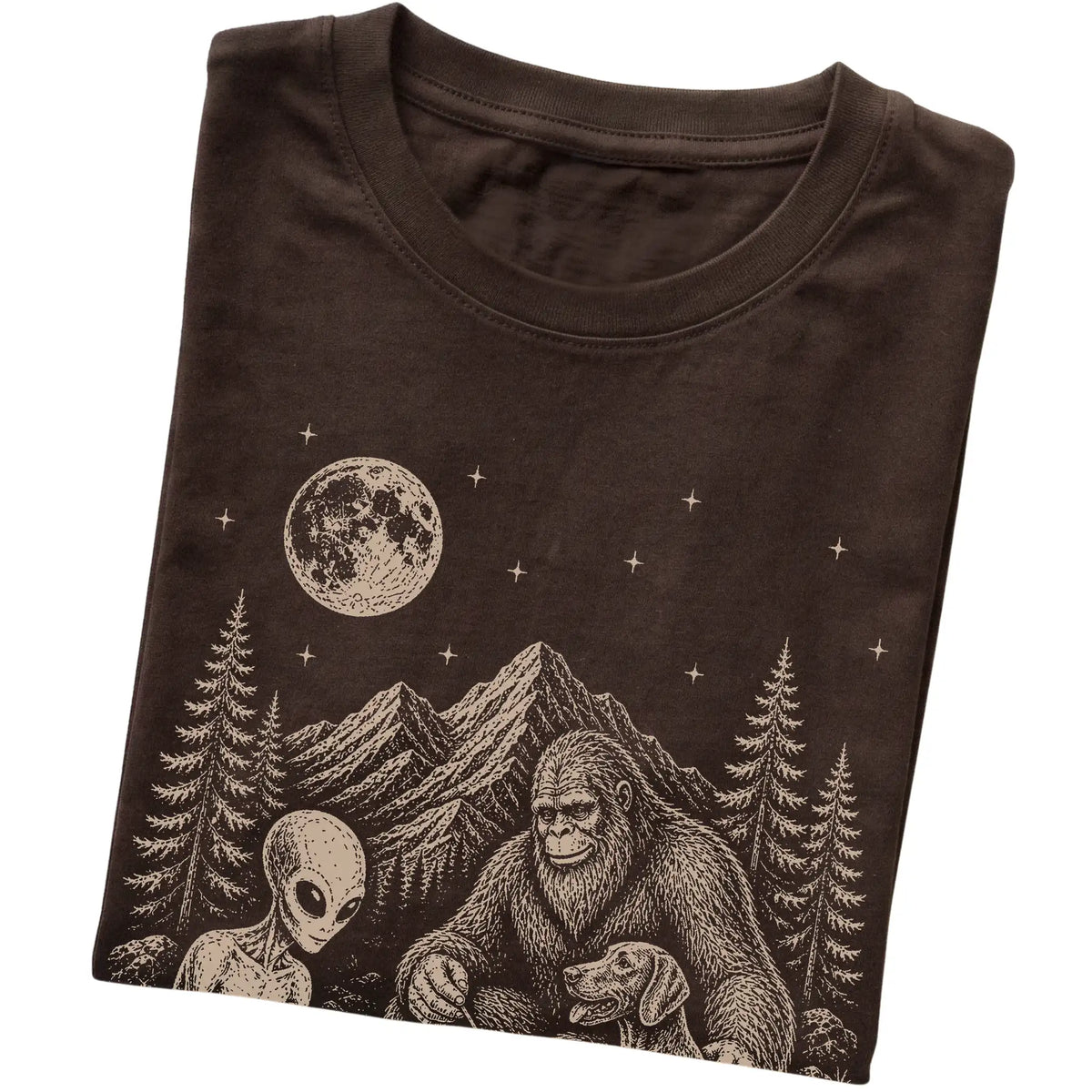 Dark Chocolate Weimaraner Camping with Bigfoot and Alien folded detail view