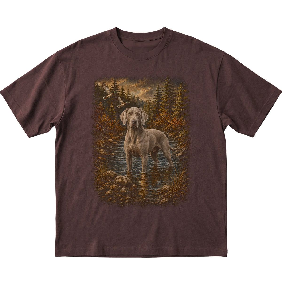Weimaraner Duck Hunting T-Shirt in Dark Chocolate