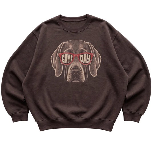 Weimaraner Game Day design on a Dark Chocolate sweatshirt, flat lay