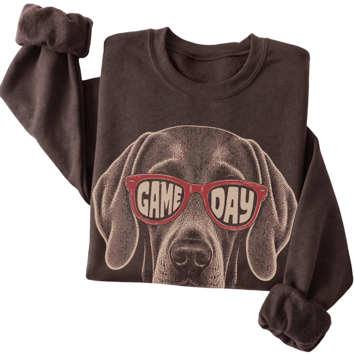 Weimaraner Game Day design on a Dark Chocolate sweatshirt, folded view