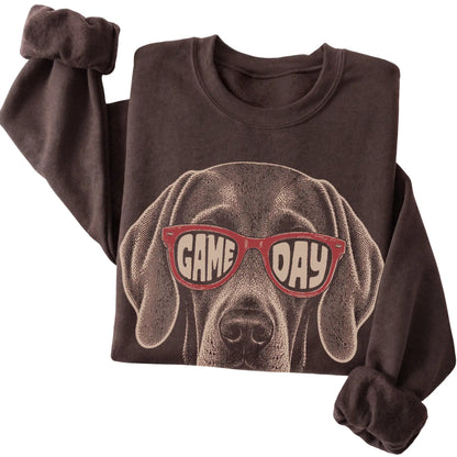 Weimaraner Game Day design on a Dark Chocolate sweatshirt, folded view