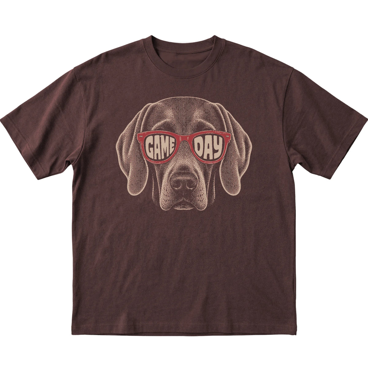 Weimaraner Game Day design on a Dark Chocolate t-shirt, flat lay