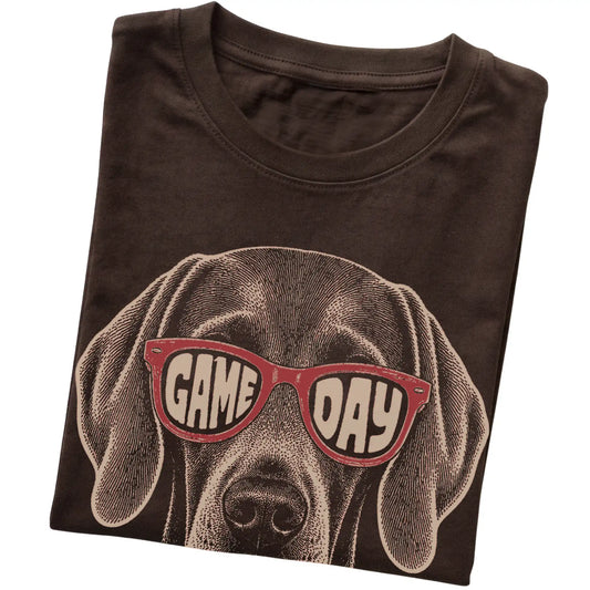Weimaraner Game Day design on a Dark Chocolate t-shirt, folded view