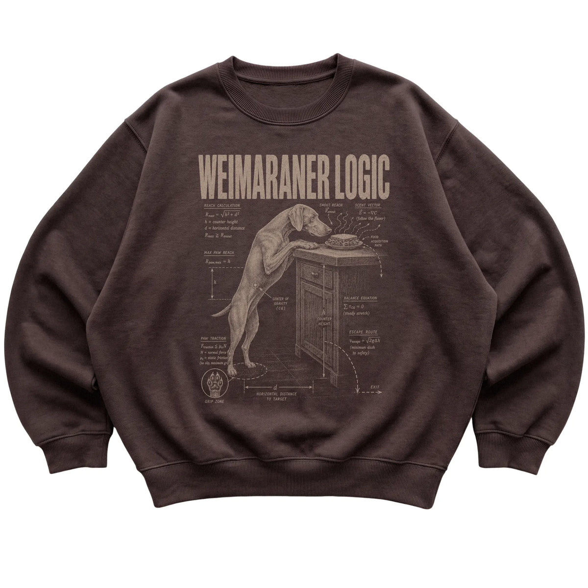 Dark Chocolate Weimaraner Logic sweatshirt laid flat