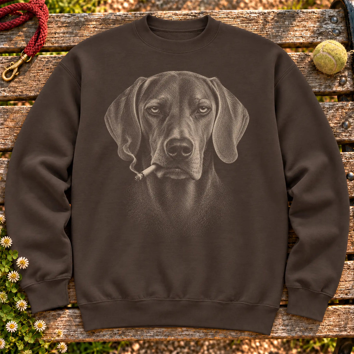 Weimaraner smoking design on a Dark Chocolate sweatshirt